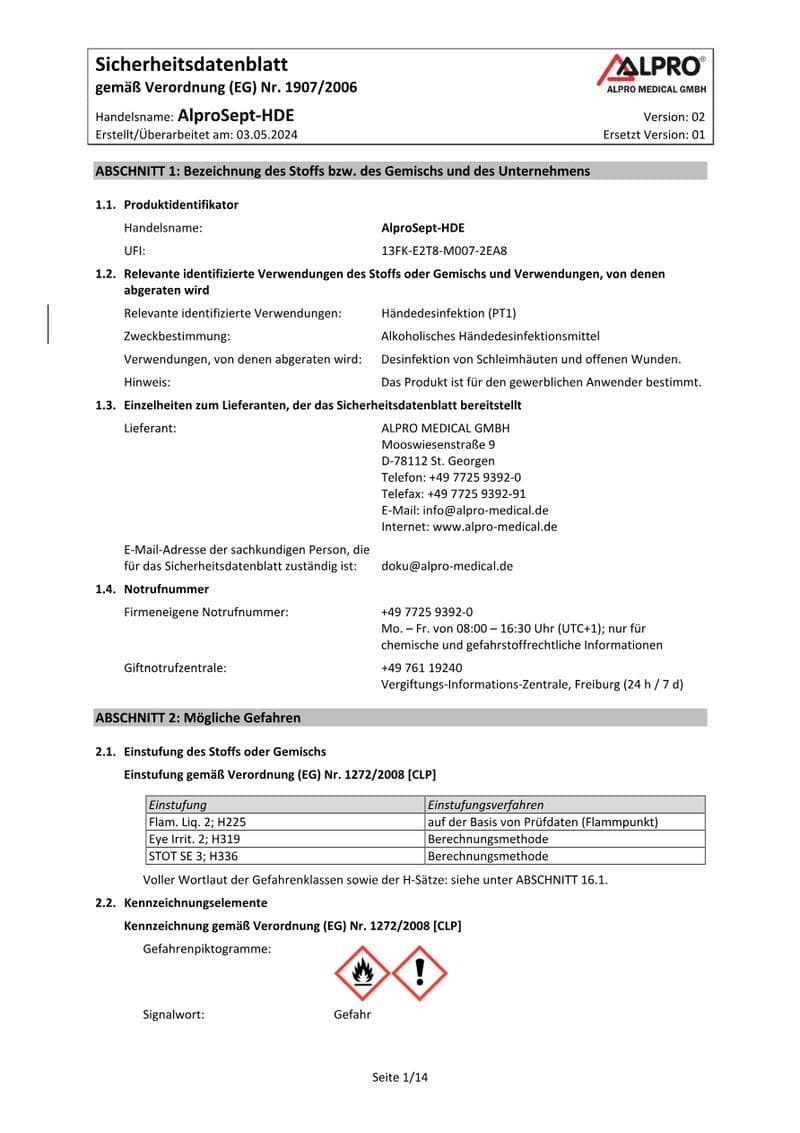 AlproSept-HDE Safety Data Sheet