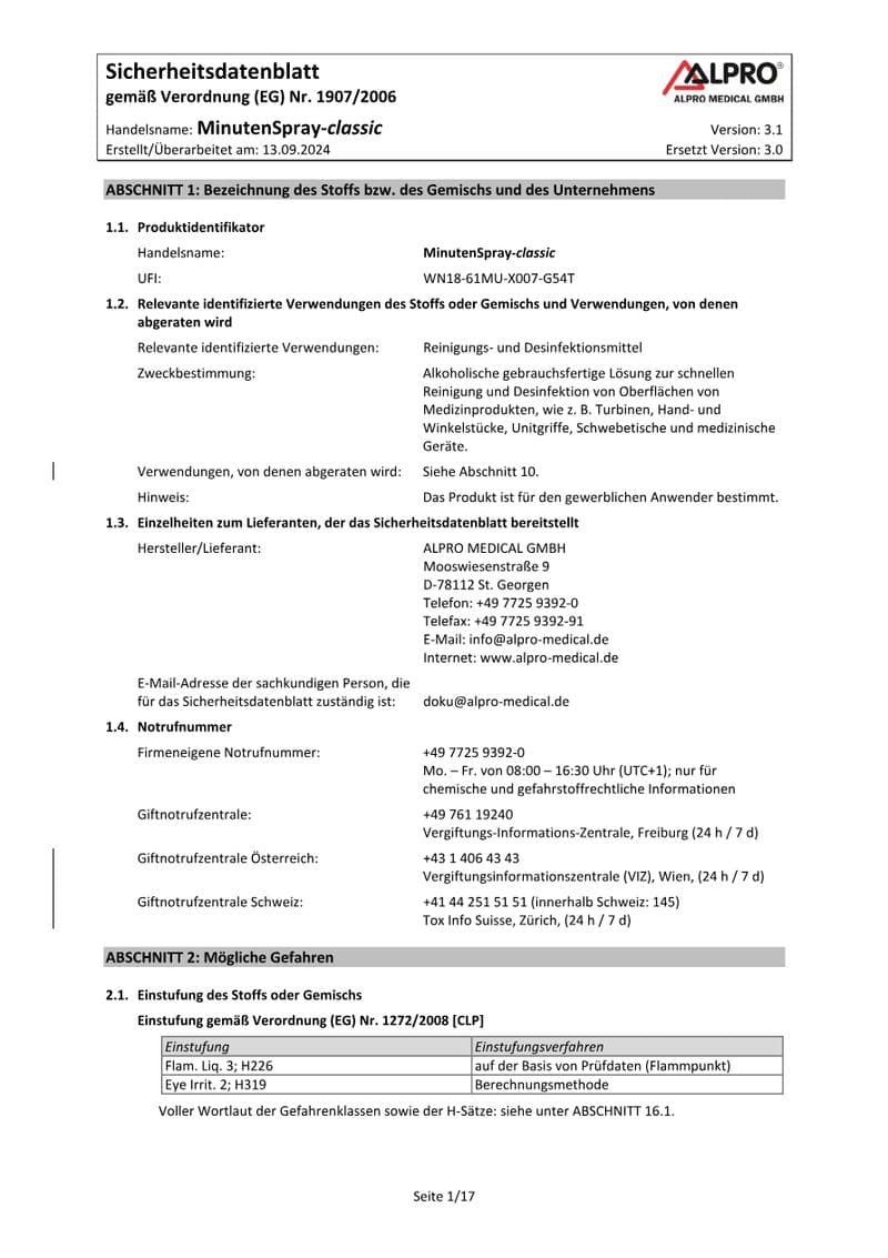 MinutenSpray-classic Safety Data Sheet
