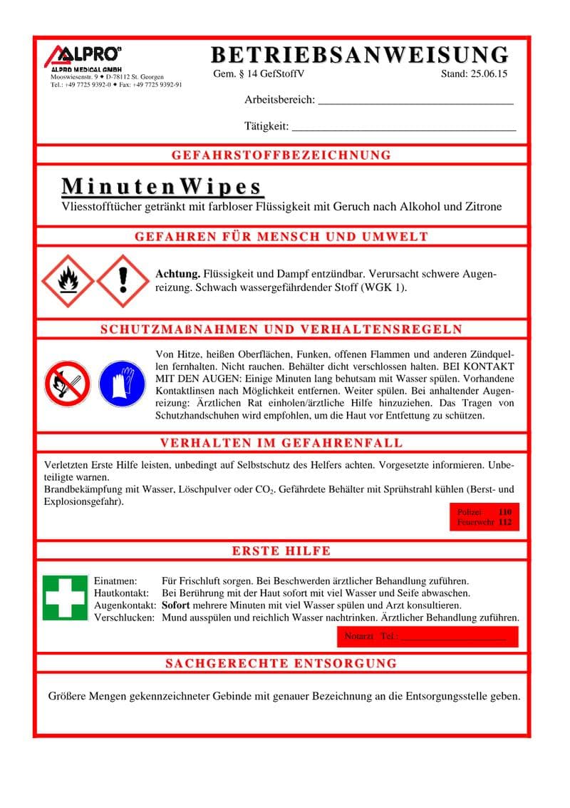 MinutenWipes Safety Data Sheet