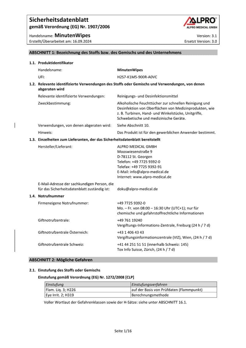 MinutenWipes Safety Data Sheet