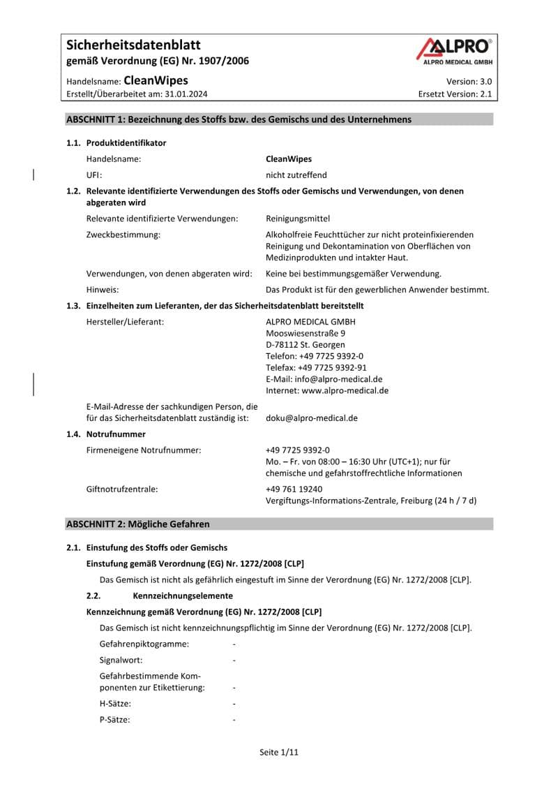 CleanWipes Safety Data Sheet