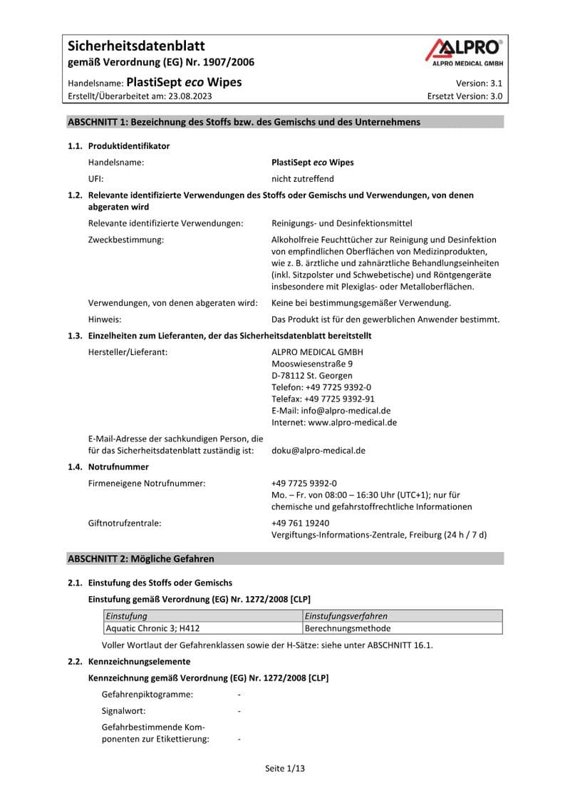 PlastiSept eco Safety Data Sheet