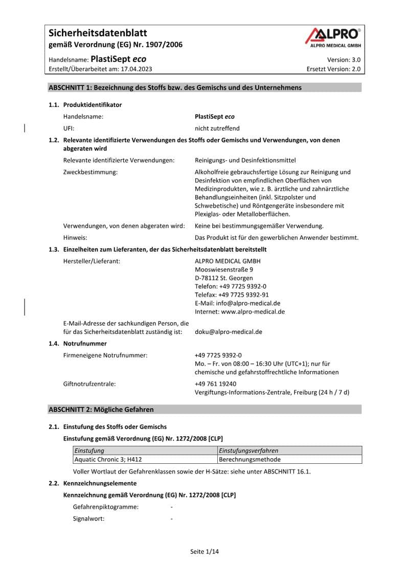PlastiSept eco Safety Data Sheet