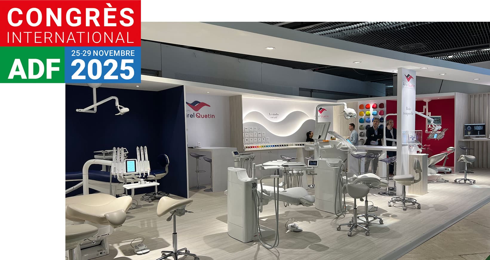 Airel Quetin exhibition booth at the ADF congress, showcasing multiple dental chairs and equipment displays.