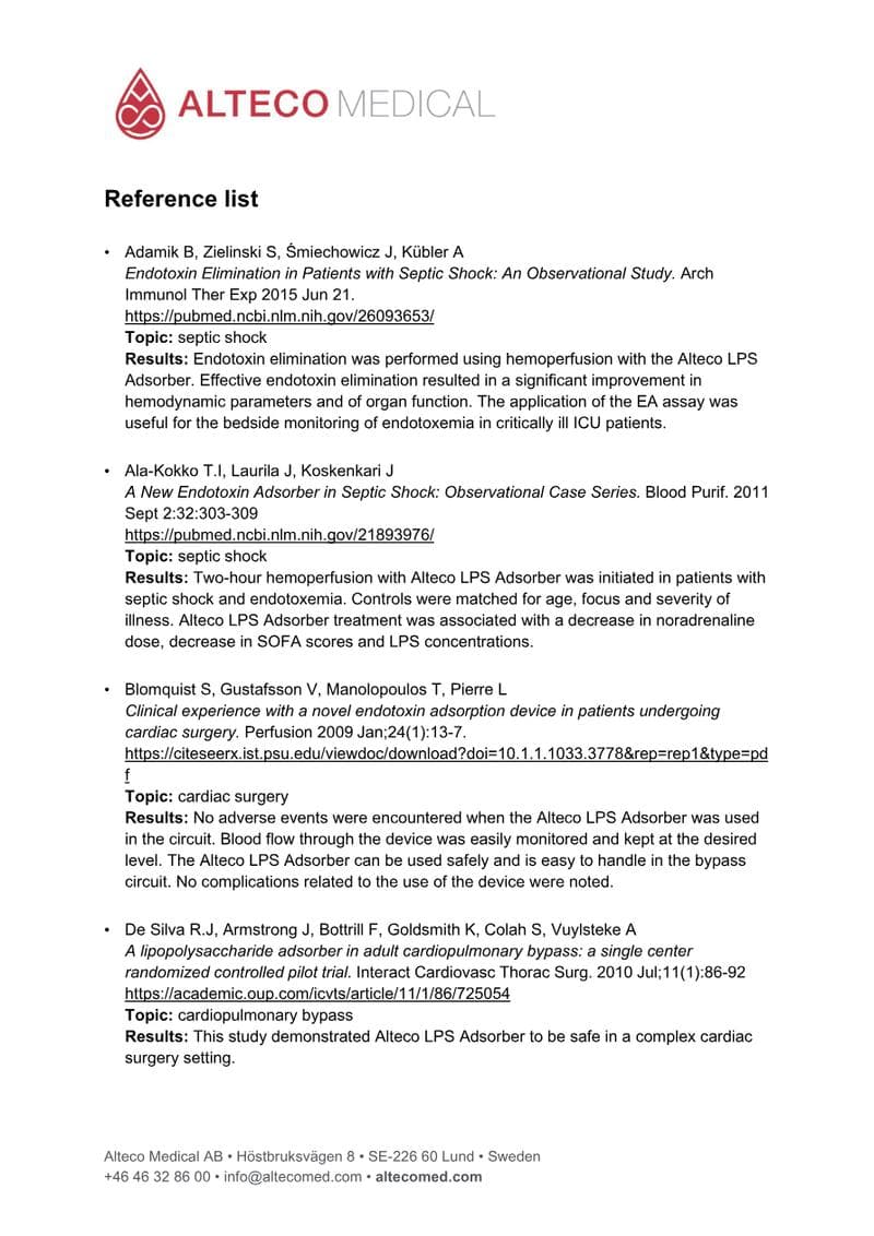 Alteco LPS Adsorber Clinical Study