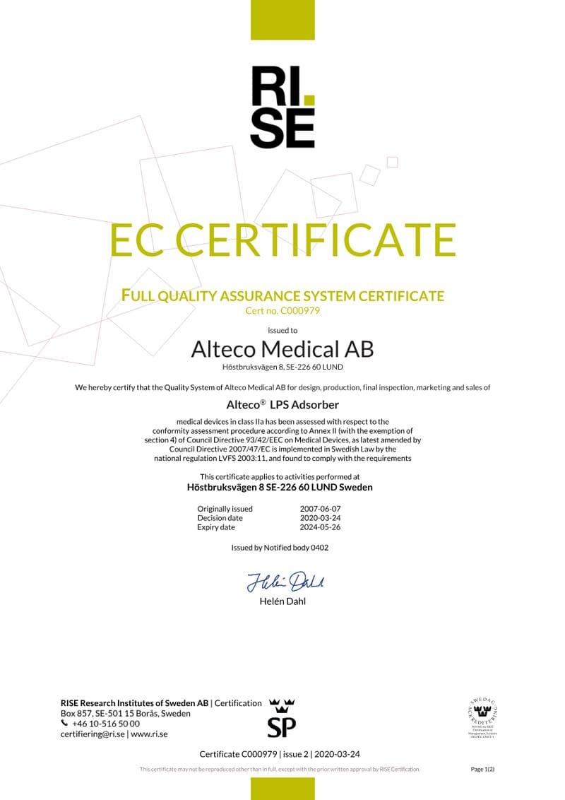 Alteco LPS Adsorber CE Certificate