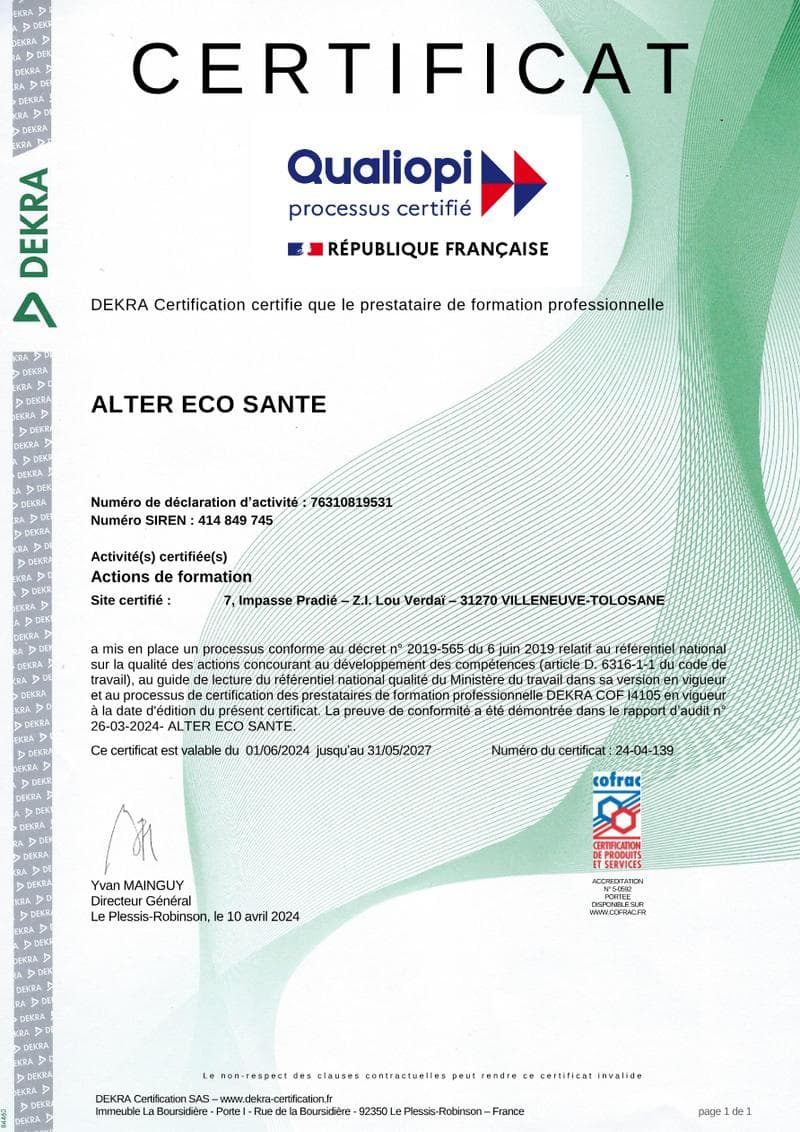 ALTER ECO SANTE Training Certificate