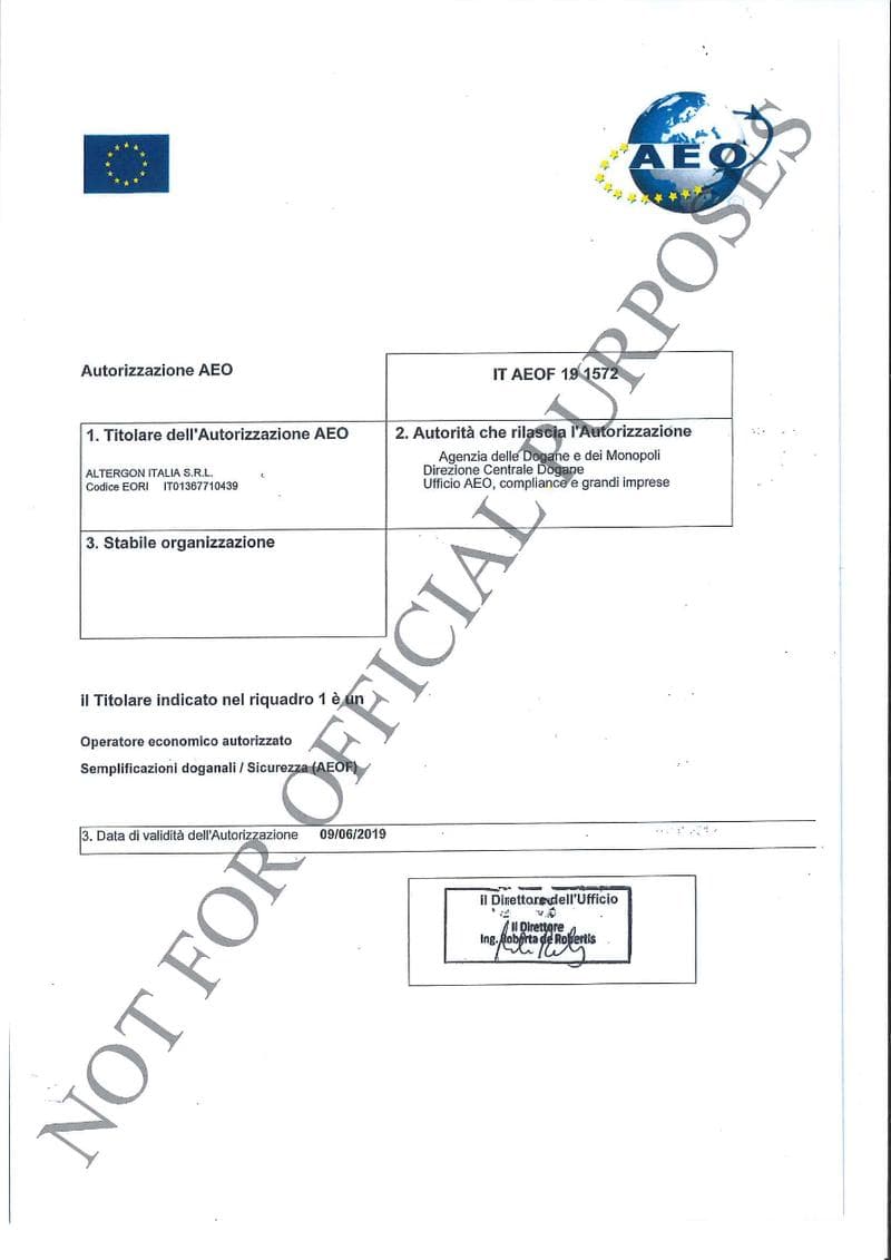 Altergon Italia Certificate
