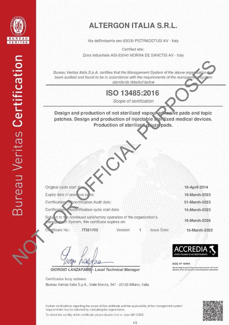 Altergon Italia ISO Certificate