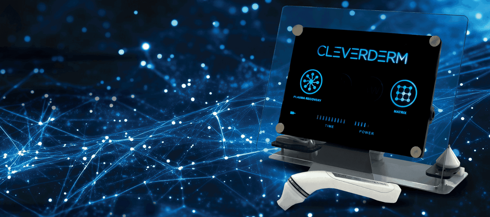 A Cleverderm device with a digital interface displayed against a dark, abstract background of glowing blue network nodes and light particles.