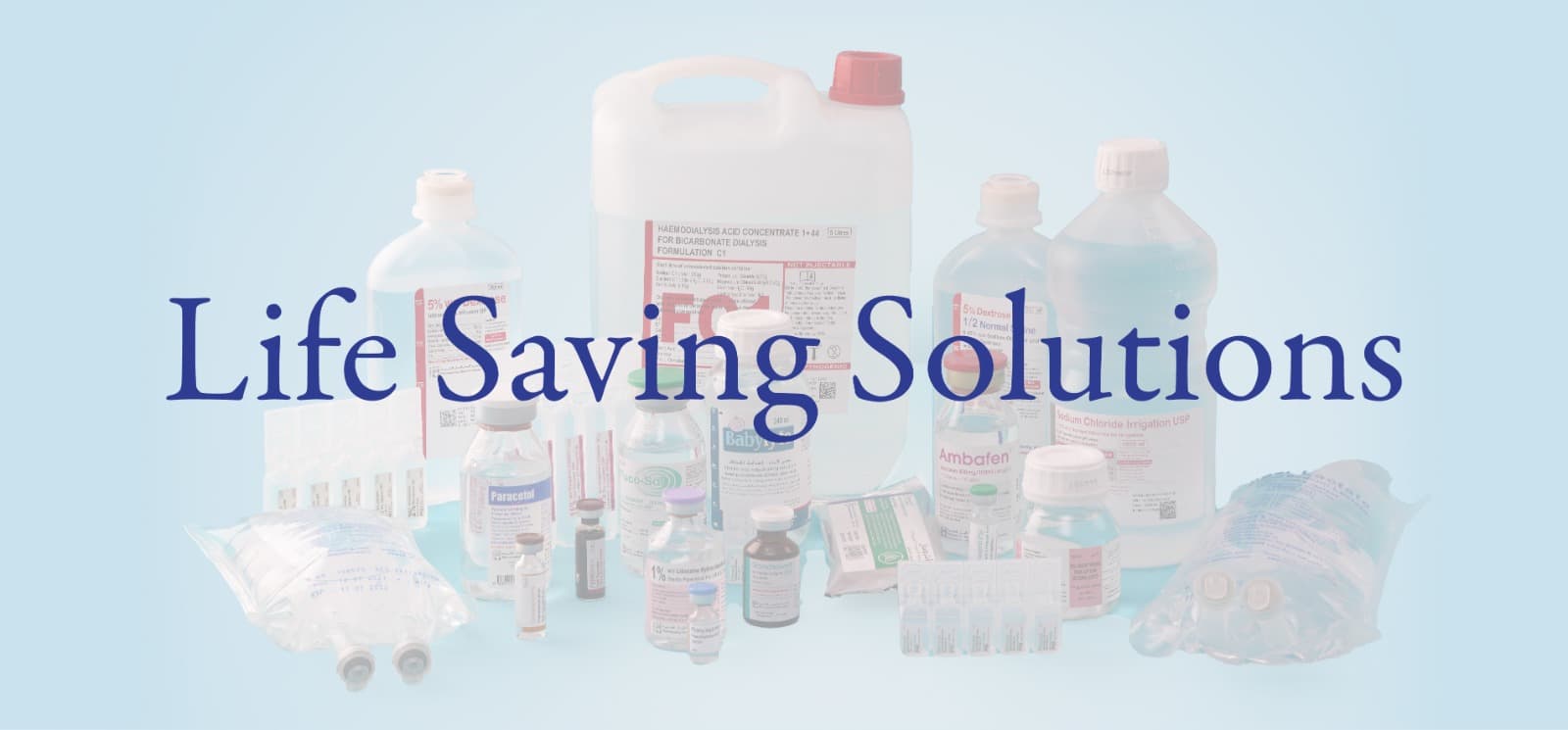 Comprehensive lineup of various pharmaceutical injectable solutions, including vials, ampoules, and IV bags arranged together.