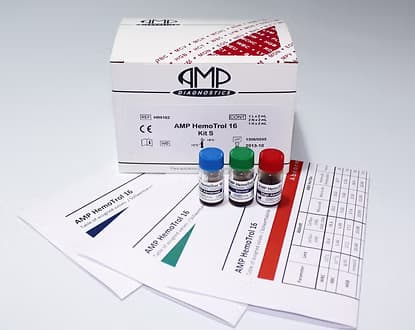 AMP HemoTrol 16 kit including control vials, reference documentation, and packaging for quality control procedures.