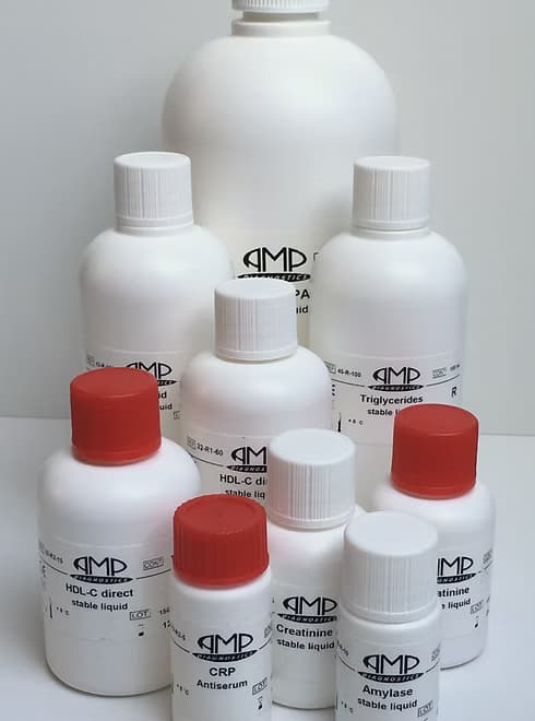 A collection of various AMP Diagnostics reagent bottles, showcasing the diverse range of chemical testing solutions.