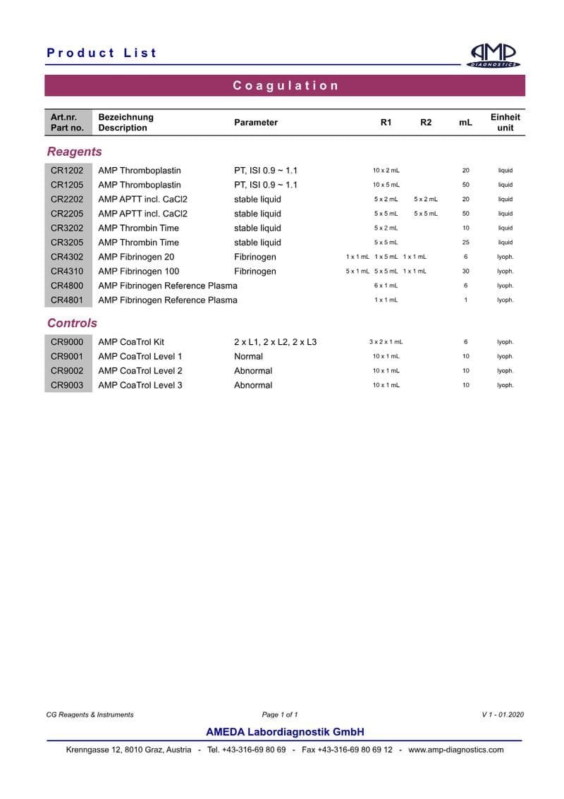 Coagulation Reagents Product List Price List