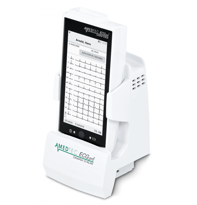 Single-product studio shot of the CardioPart 12 WLAN ECG device in its charging cradle.