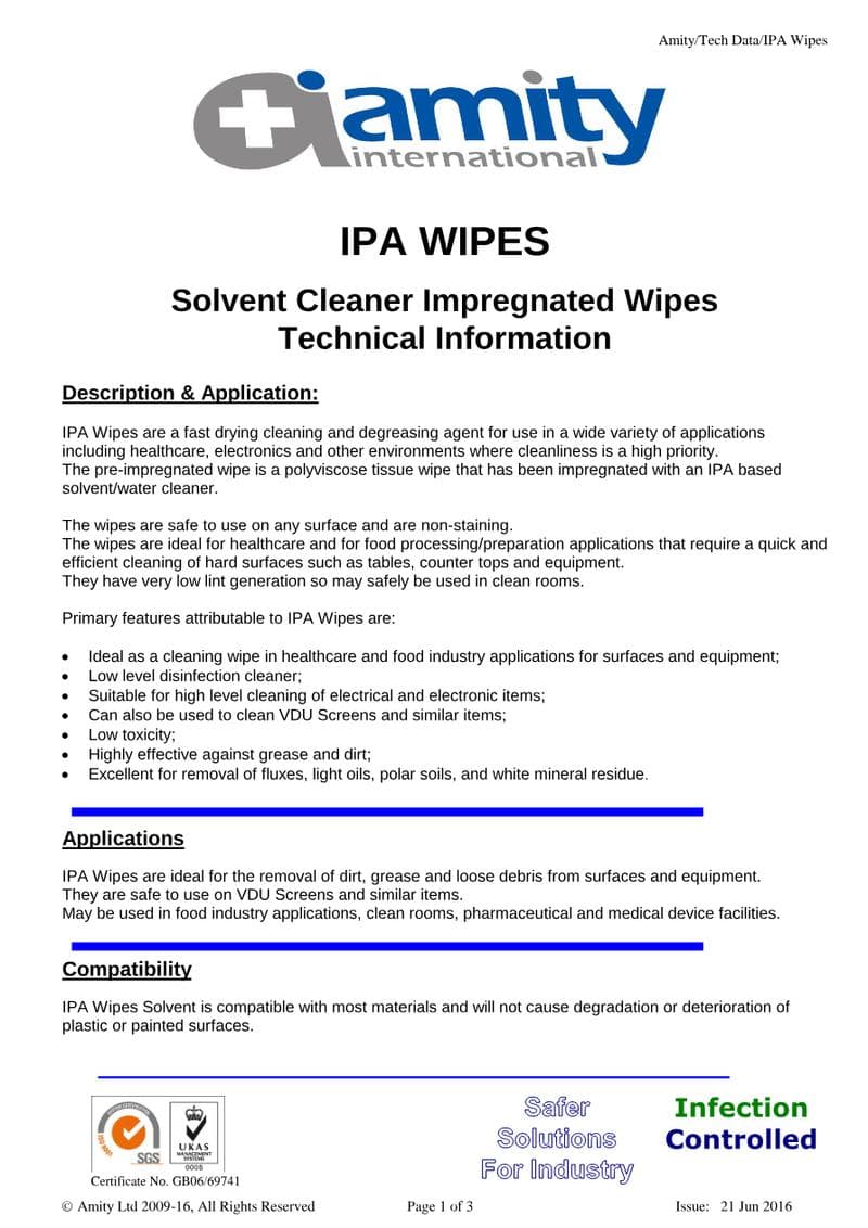 IPA Wipes Spec Sheet