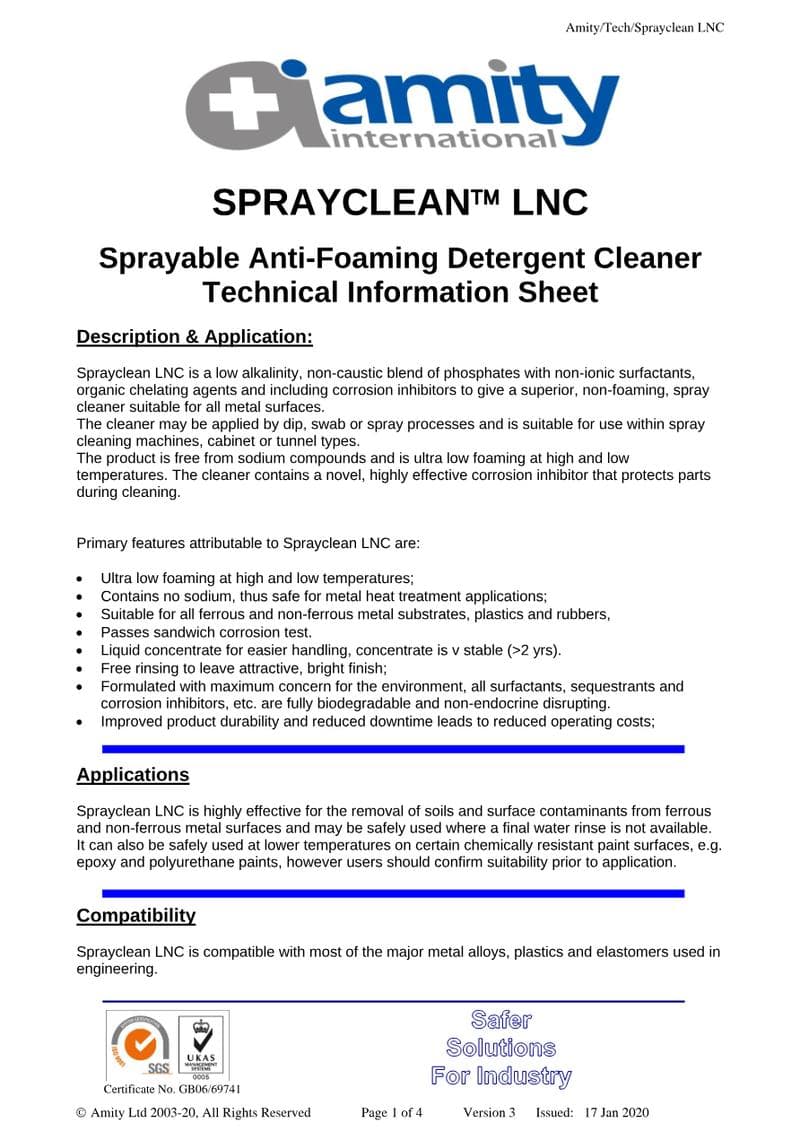 Sprayclean LNC Spec Sheet