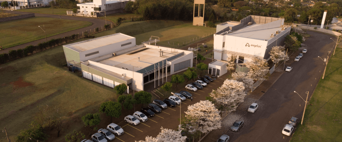 Aerial view of the Angelus dental manufacturing facility, showcasing the production site and surrounding corporate grounds.