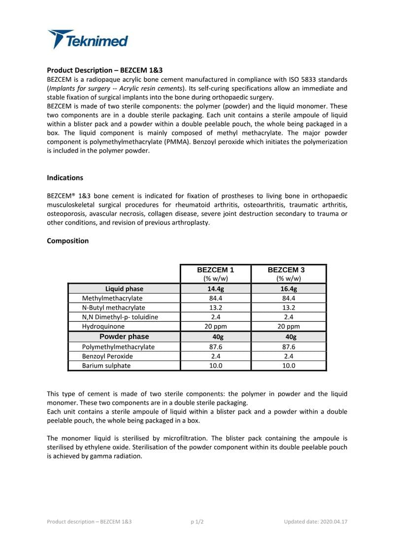Bone Cement Spec Sheet