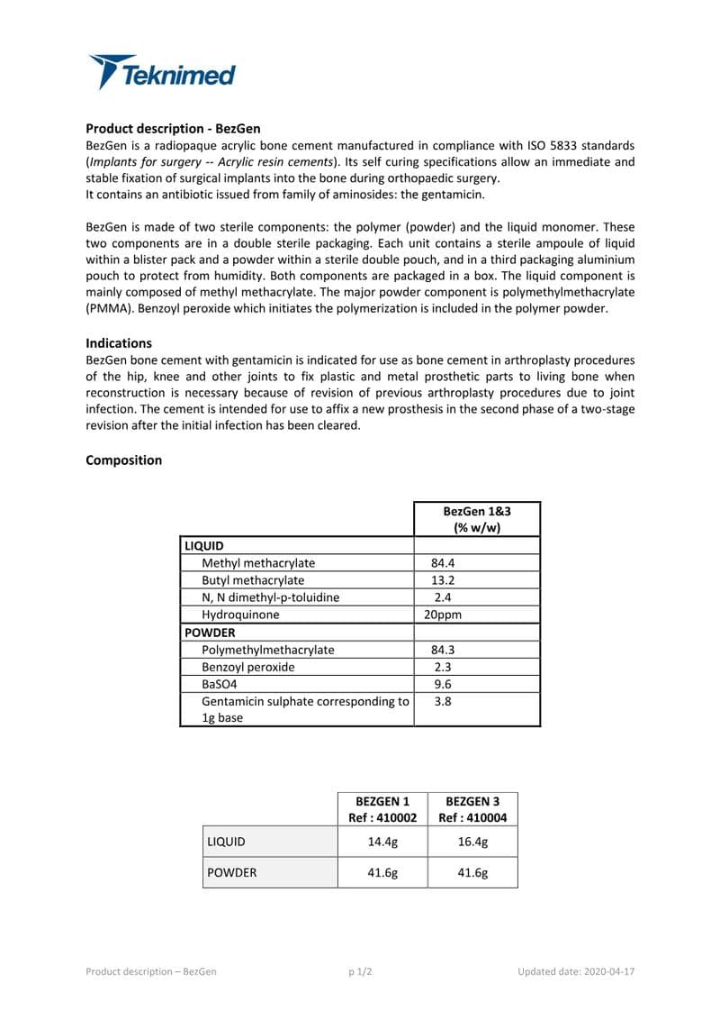 Bone Cement Spec Sheet