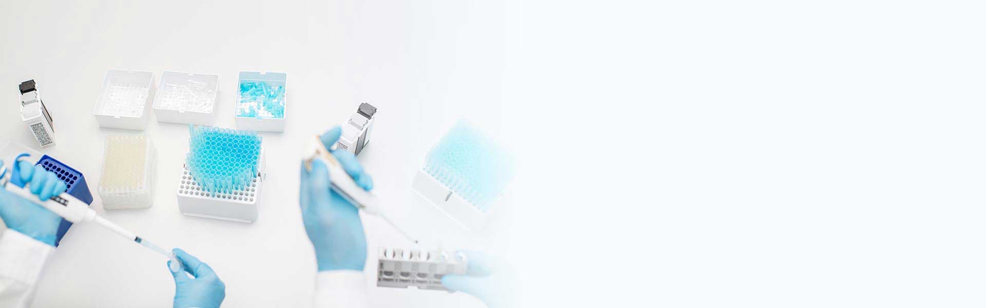 Laboratory technician wearing blue gloves uses a pipette to transfer liquid into a multi-well plate surrounded by various pipette tip boxes.