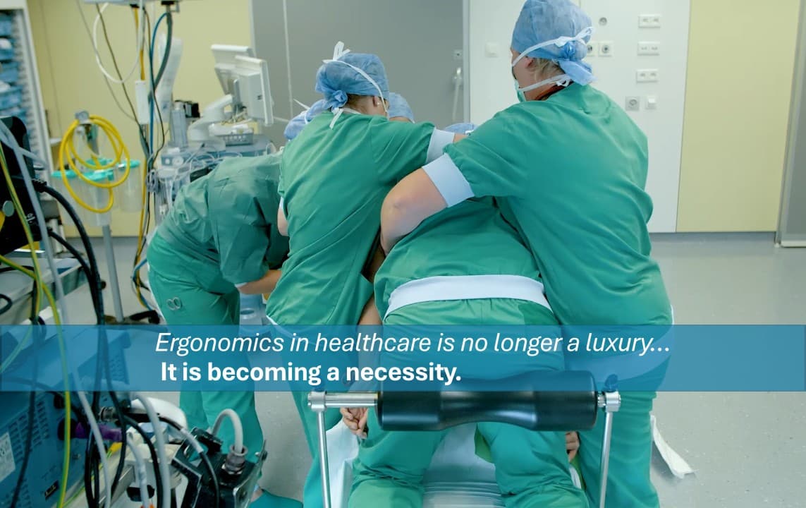 Medical staff utilizing ergonomic equipment during a clinical procedure in a hospital operating room setting.