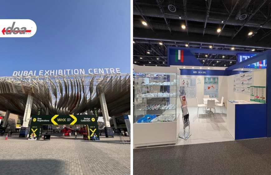 Trade show presence at the Dubai Exhibition Centre, featuring a booth display with medical product information.