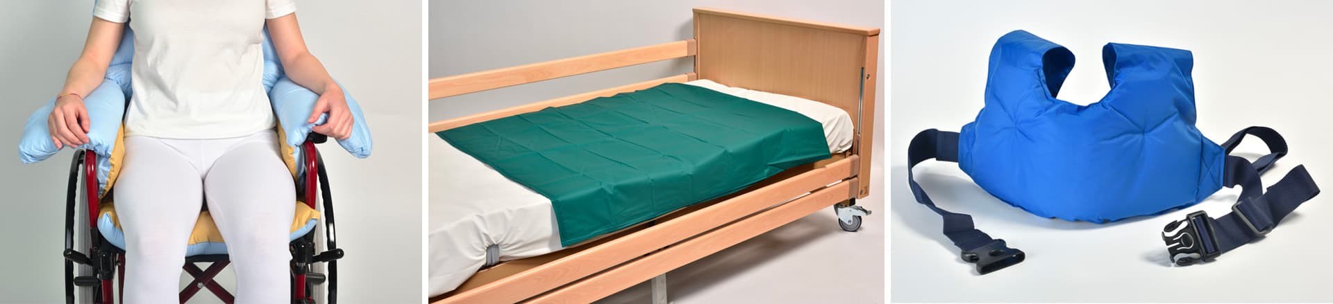 A triptych display featuring a wheelchair positioning cushion, a green medical bed sheet, and a blue patient restraint vest.