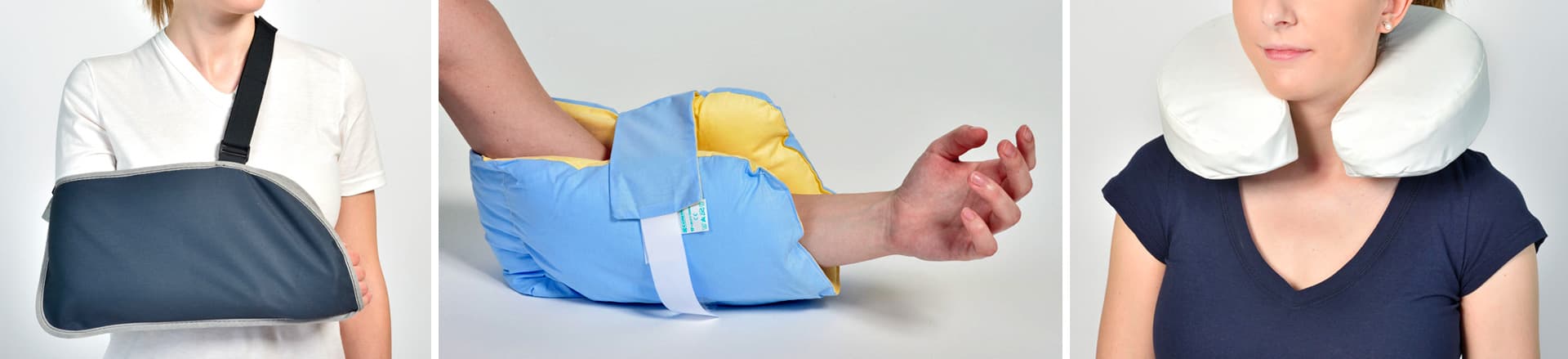 A composite image displaying three different medical support products, including an arm sling, a padded elbow brace, and a cervical neck pillow.