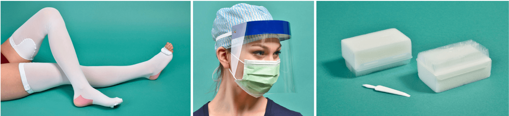 Triptych display featuring white compression stockings, a healthcare worker wearing a protective face shield, and two medical sponge blocks with a tool.