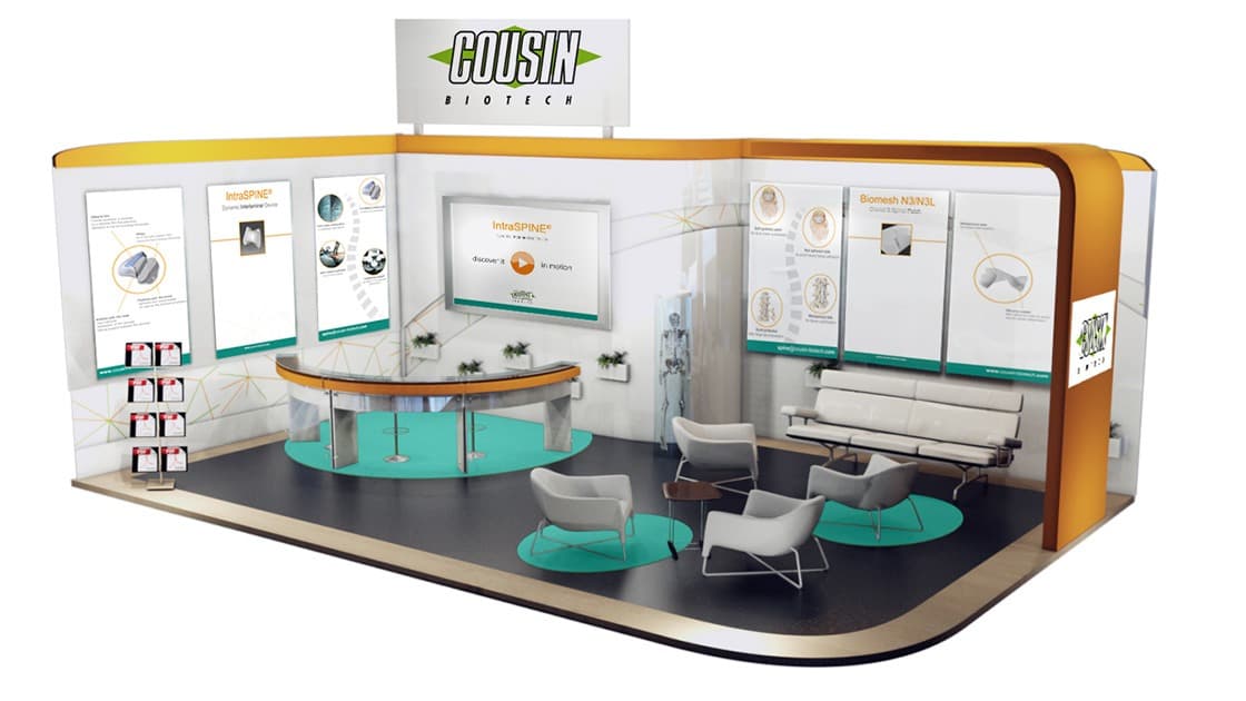 3D render of an interactive exhibition booth design for Cousin Biotech, showcasing product information and seating areas.