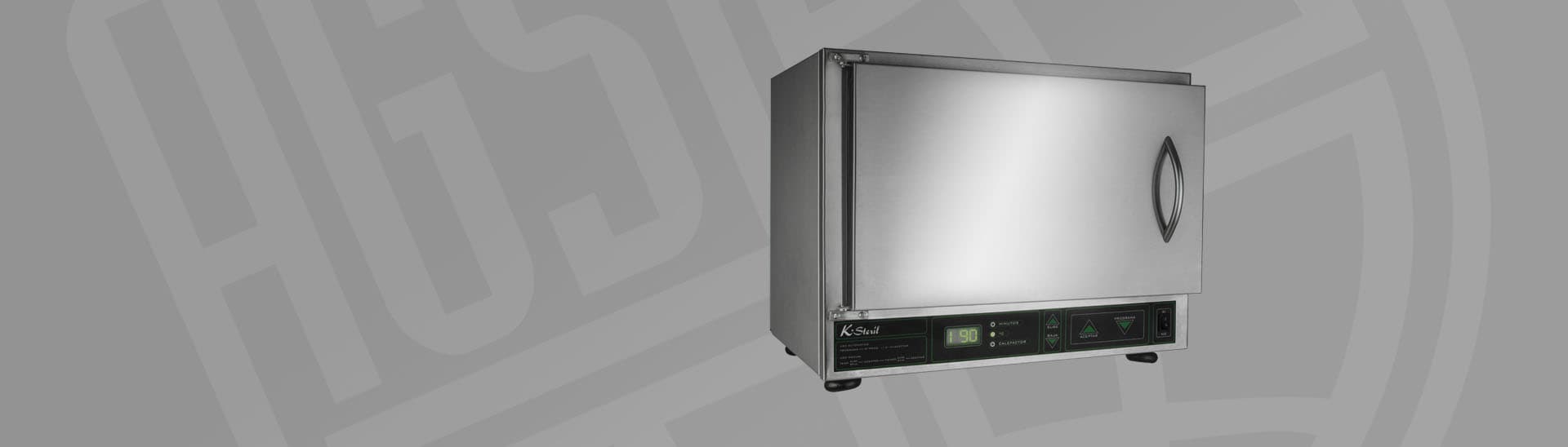 A single stainless steel laboratory oven or incubator unit shown against a grey branded background.