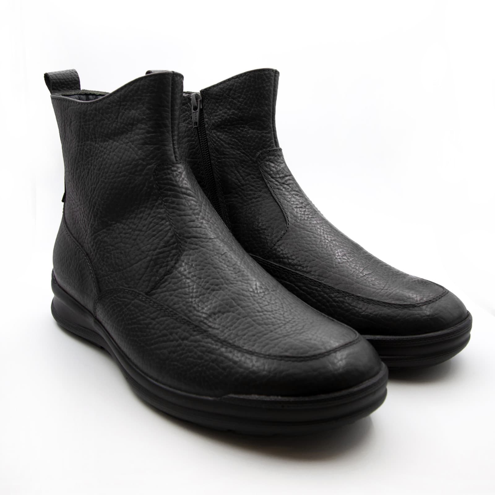 Pair of black leather ankle boots with side zipper closure on a white background.