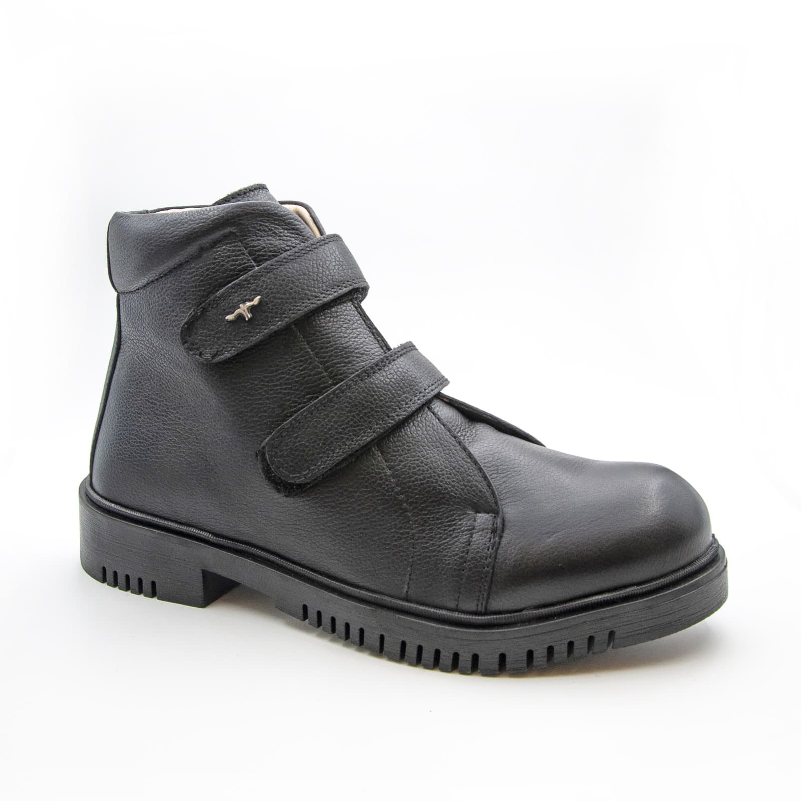 Single black leather orthopedic boot with dual velcro strap closures on a white background.