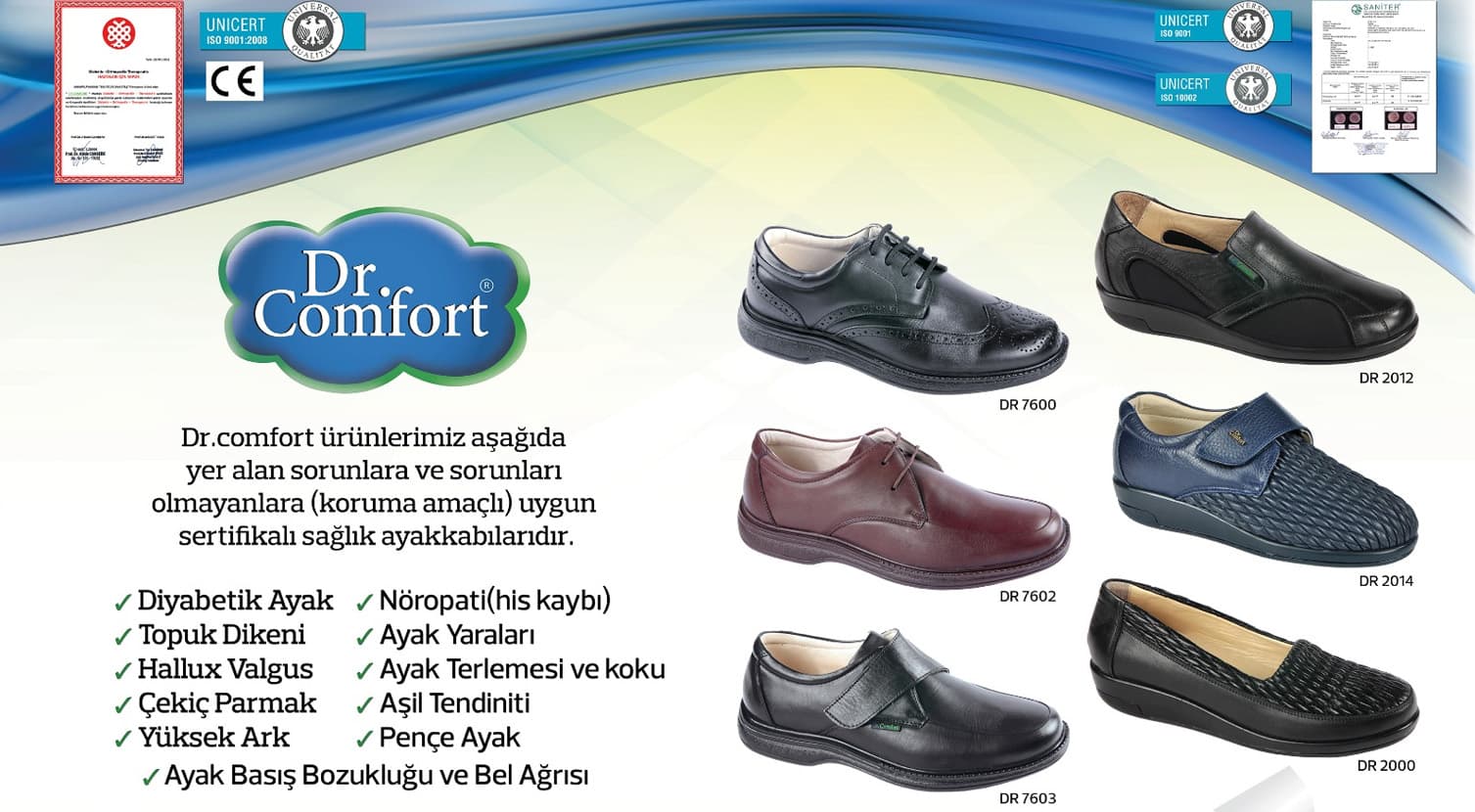 A catalog display featuring five distinct models of orthopedic footwear, including lace-up and slip-on styles, arranged against a branded background.