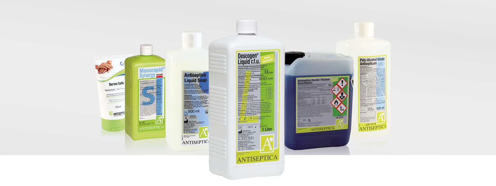 Comprehensive lineup of Antiseptica hygiene and disinfection products, including various bottles and containers.
