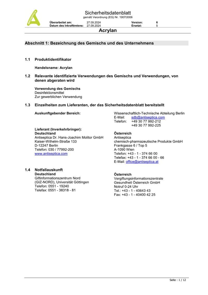 Acrylan Safety Data Sheet