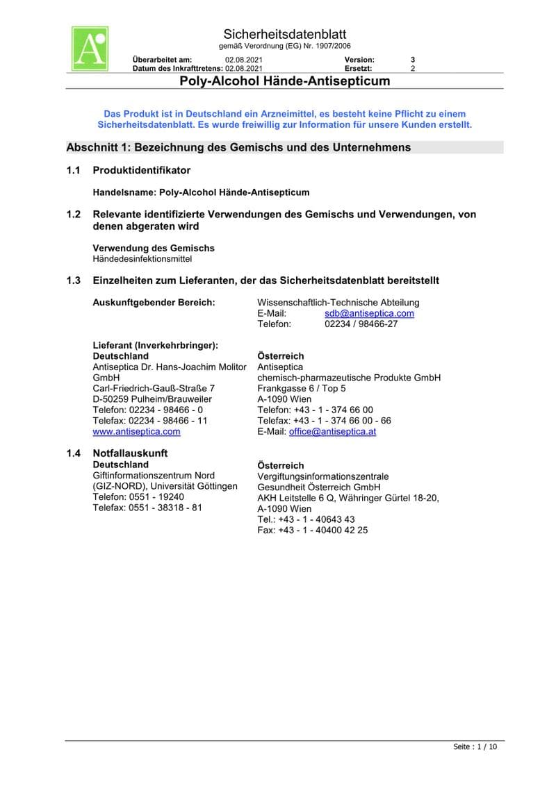 Poly-Alcohol Hand Antiseptic Safety Data Sheet