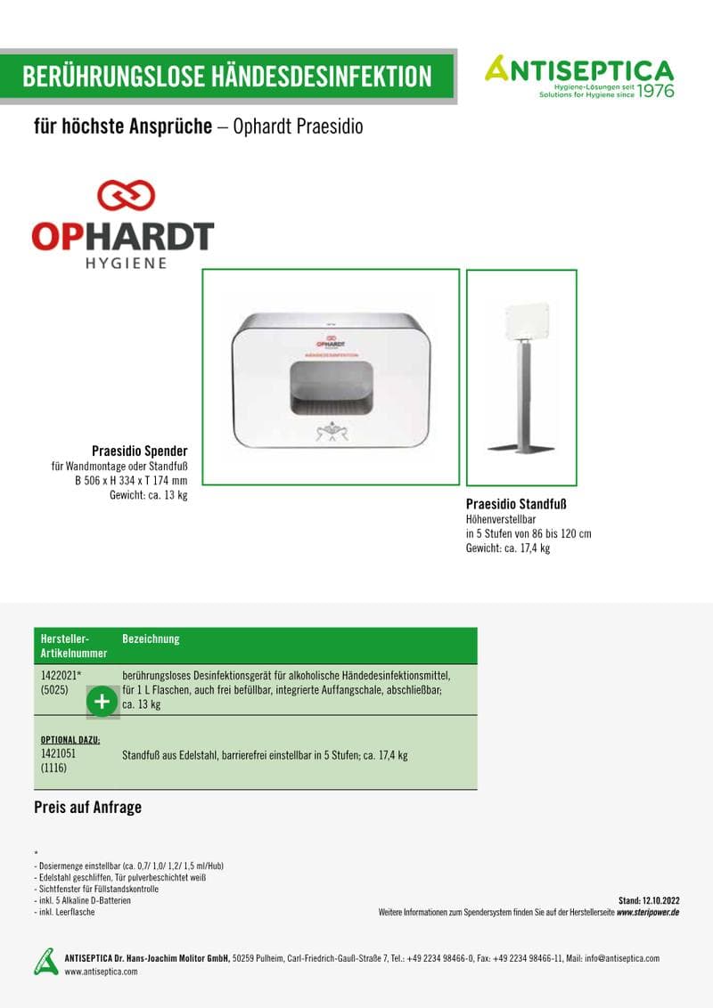 Praesidio Dispenser Spec Sheet