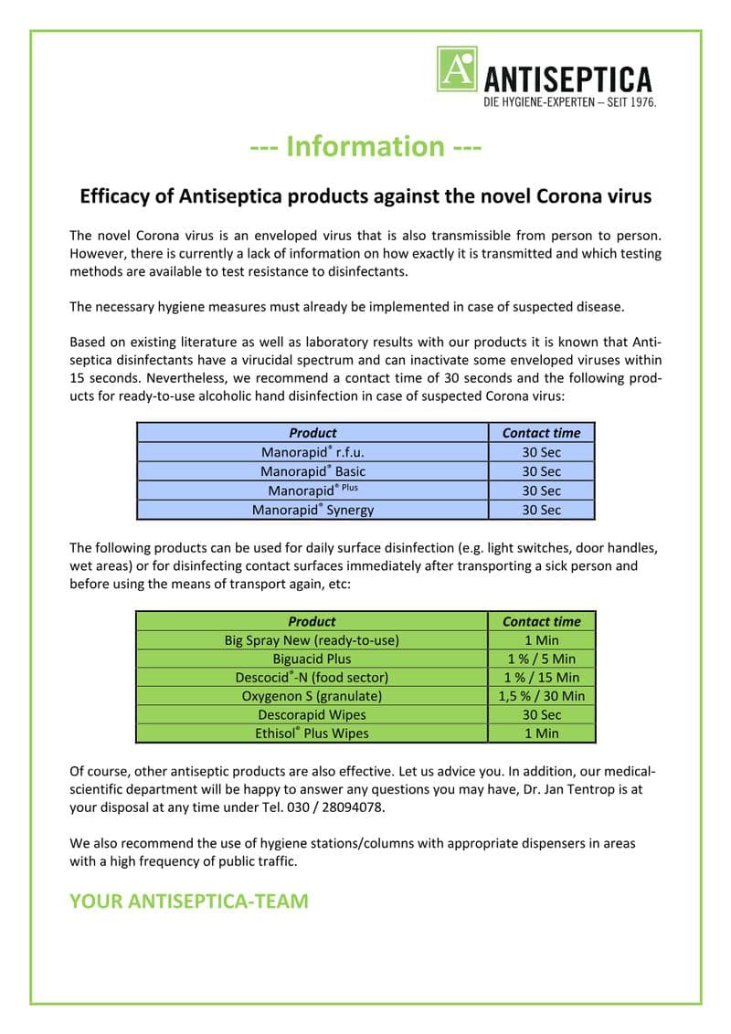 Antiseptica Coronavirus Efficacy Flyer
