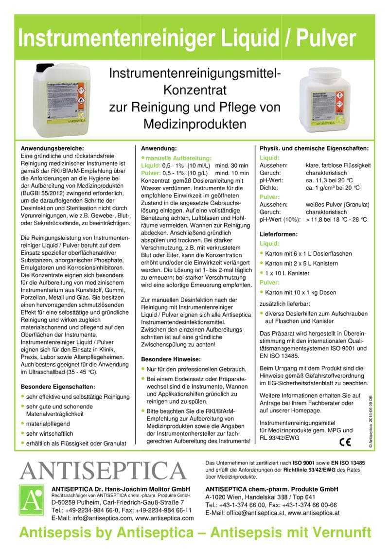 Antiseptica Instrument Cleaner Spec Sheet