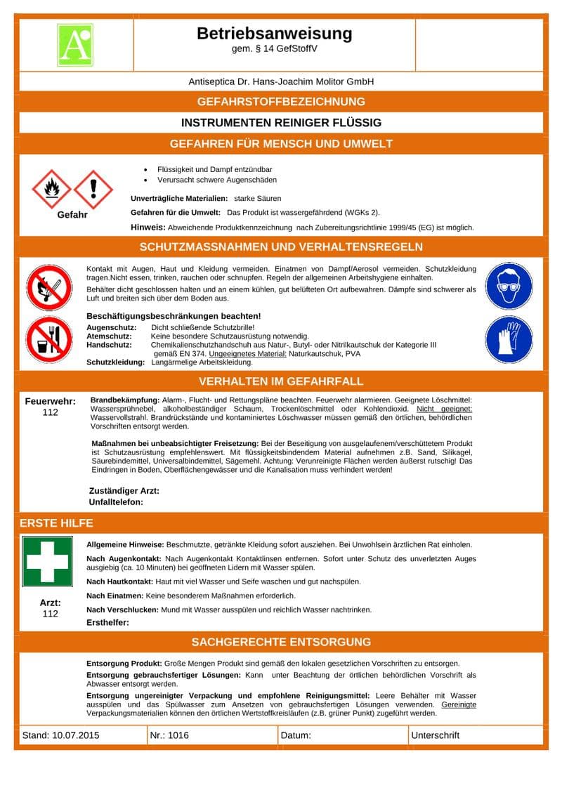 Antiseptica Instrument Cleaner Safety Data Sheet