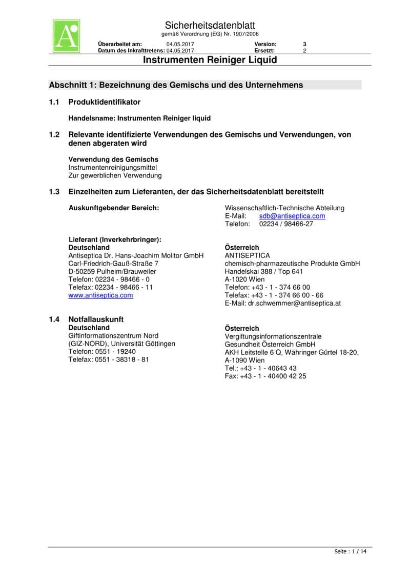Antiseptica Instrument Cleaner Safety Data Sheet