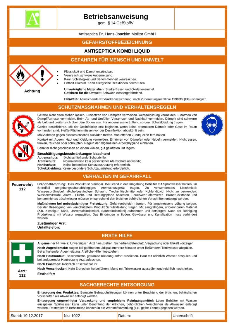 Antiseptica Kombi Liquid Safety Data Sheet