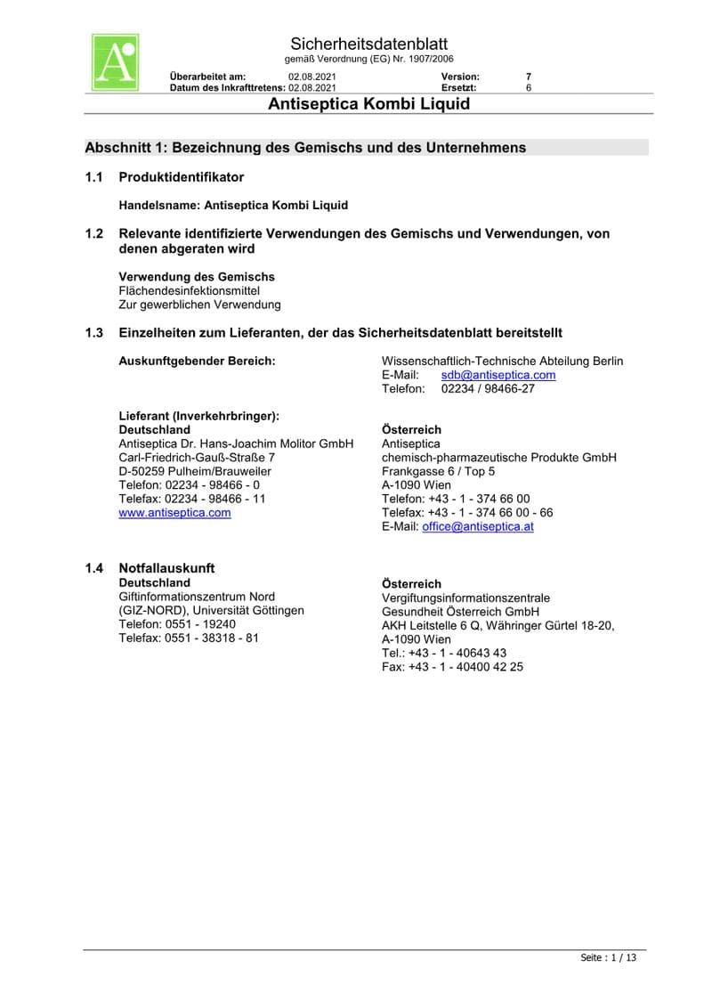 Antiseptica Kombi Liquid Safety Data Sheet