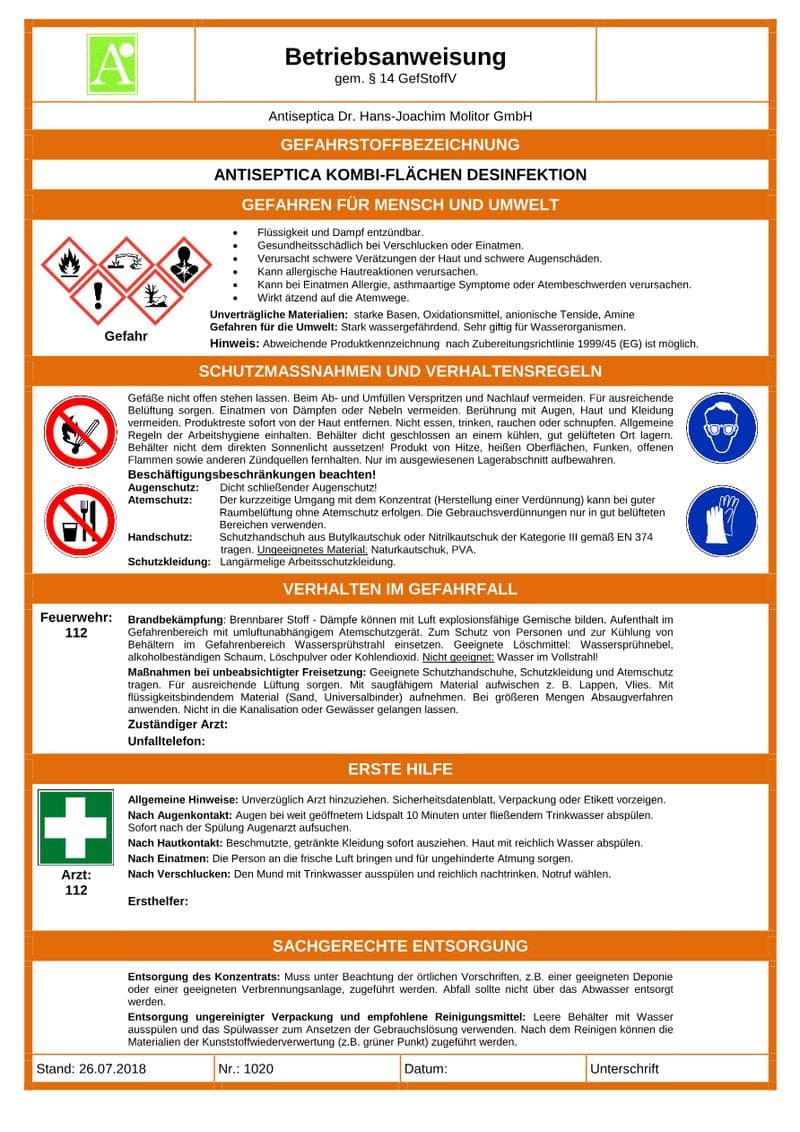 Antiseptica Kombi Liquid Safety Data Sheet