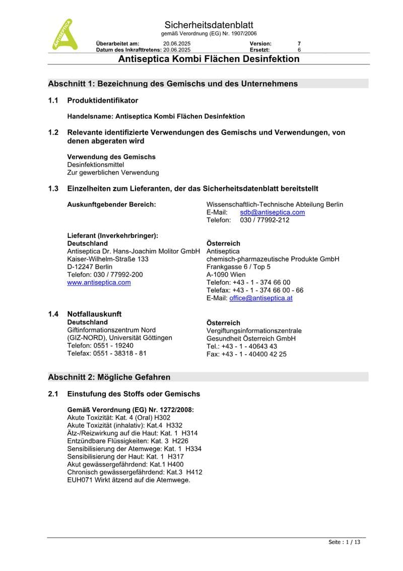 Antiseptica Kombi Liquid Safety Data Sheet