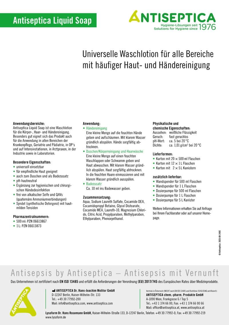 Antiseptica Liquid Soap Spec Sheet