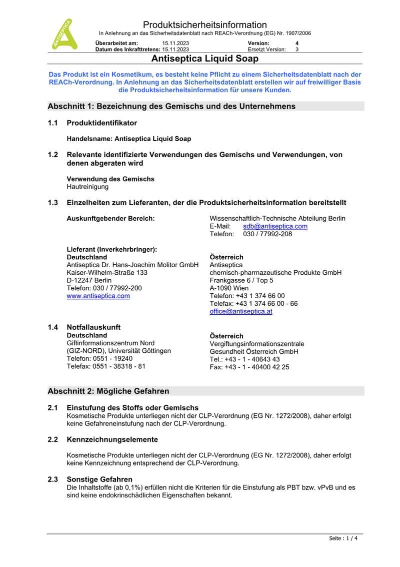 Antiseptica Liquid Soap Safety Data Sheet