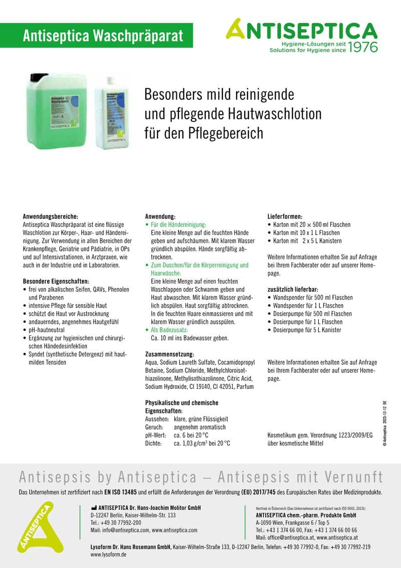 Antiseptica Washing Preparation Spec Sheet